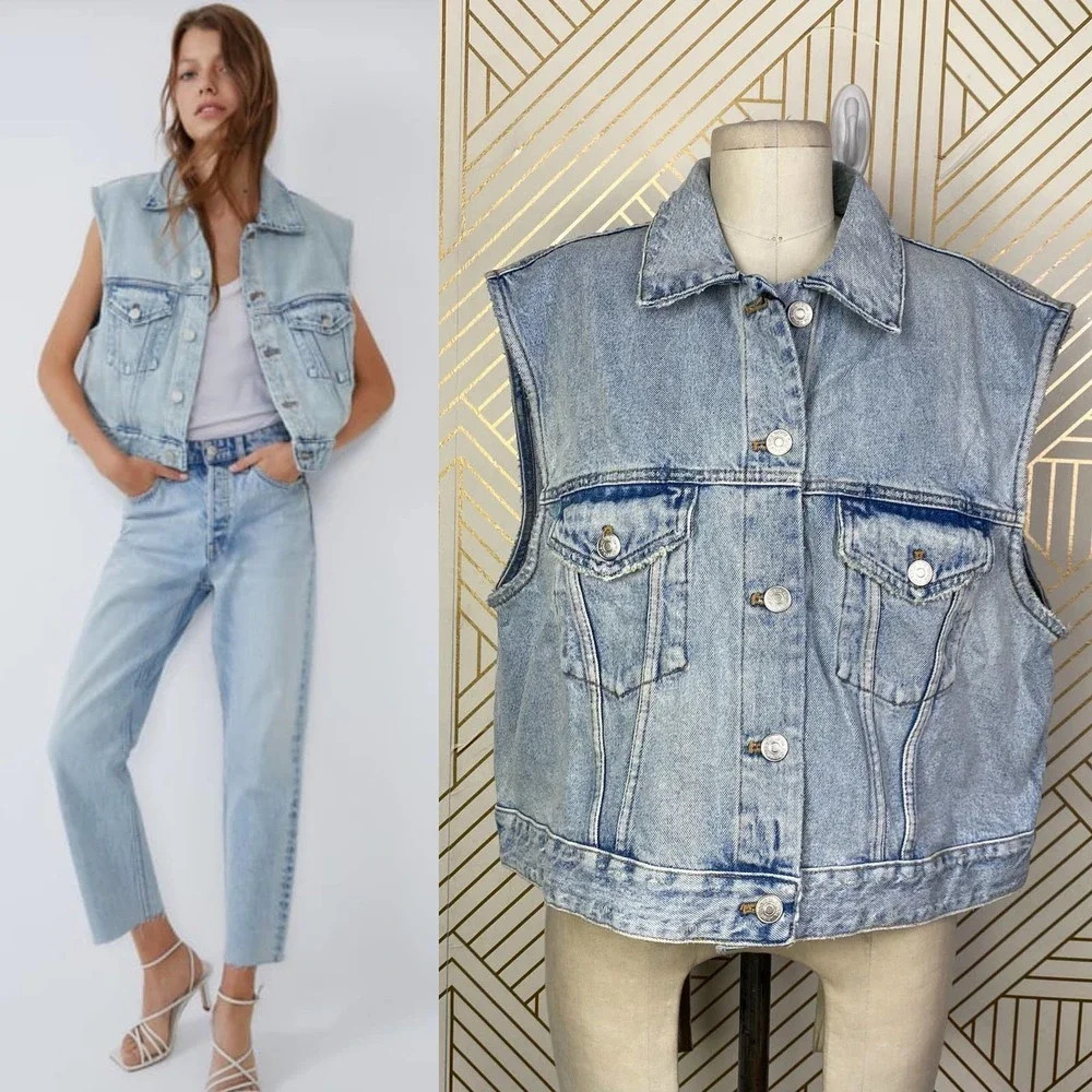 Zara Vest Edited Blue Denim Sleeveless Boxy Jean Rock n‎ Roll Size Small
